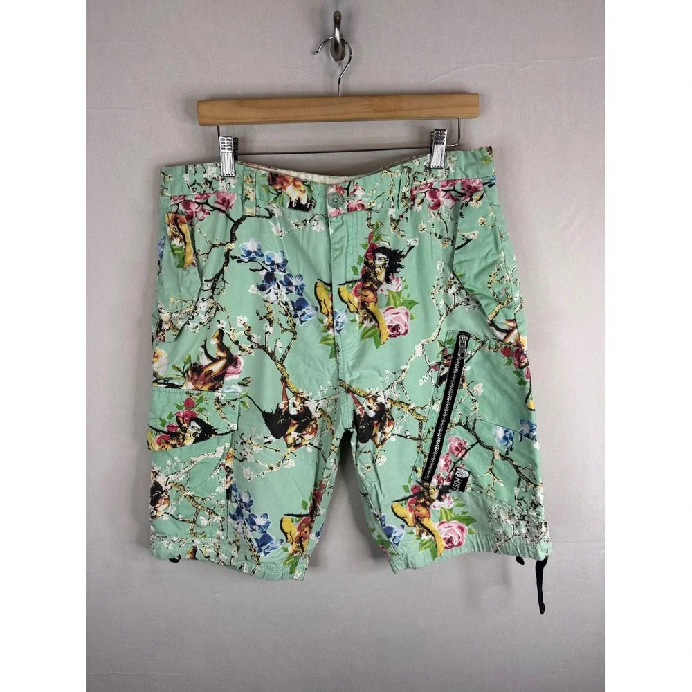 Hustle Gang Men Mint Green Pin Up Floral Graphic Cargo Shorts Size 36 Streetwear